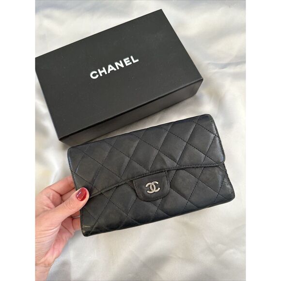 CHANEL Handbags - CHANEL Flap Wallet Quilted Black Silver Tone Hardware W/box